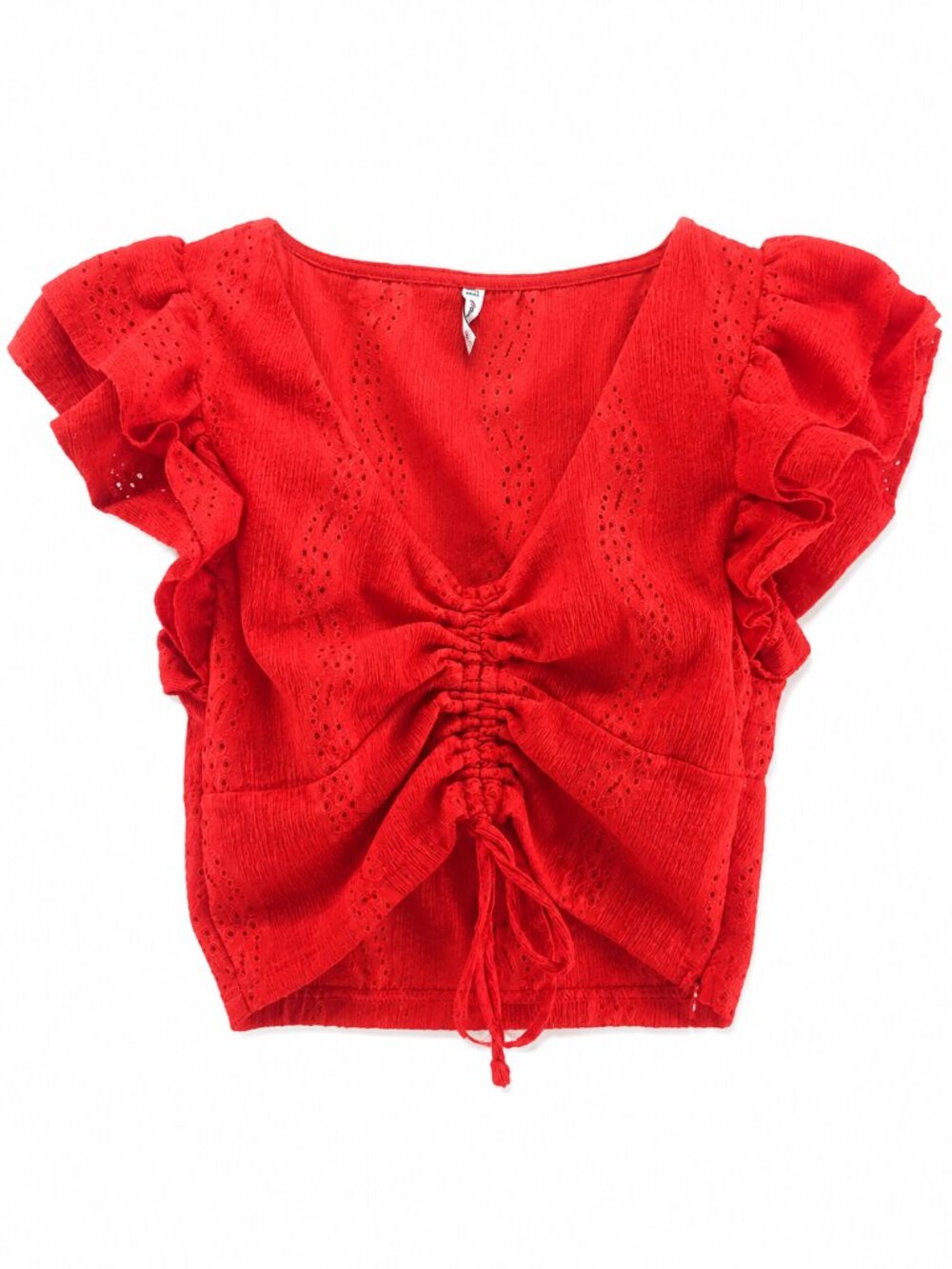Crop Top, FB Sister, Eyelet Ruffle Sleeve, Ruched Drawstring Front, Size Small